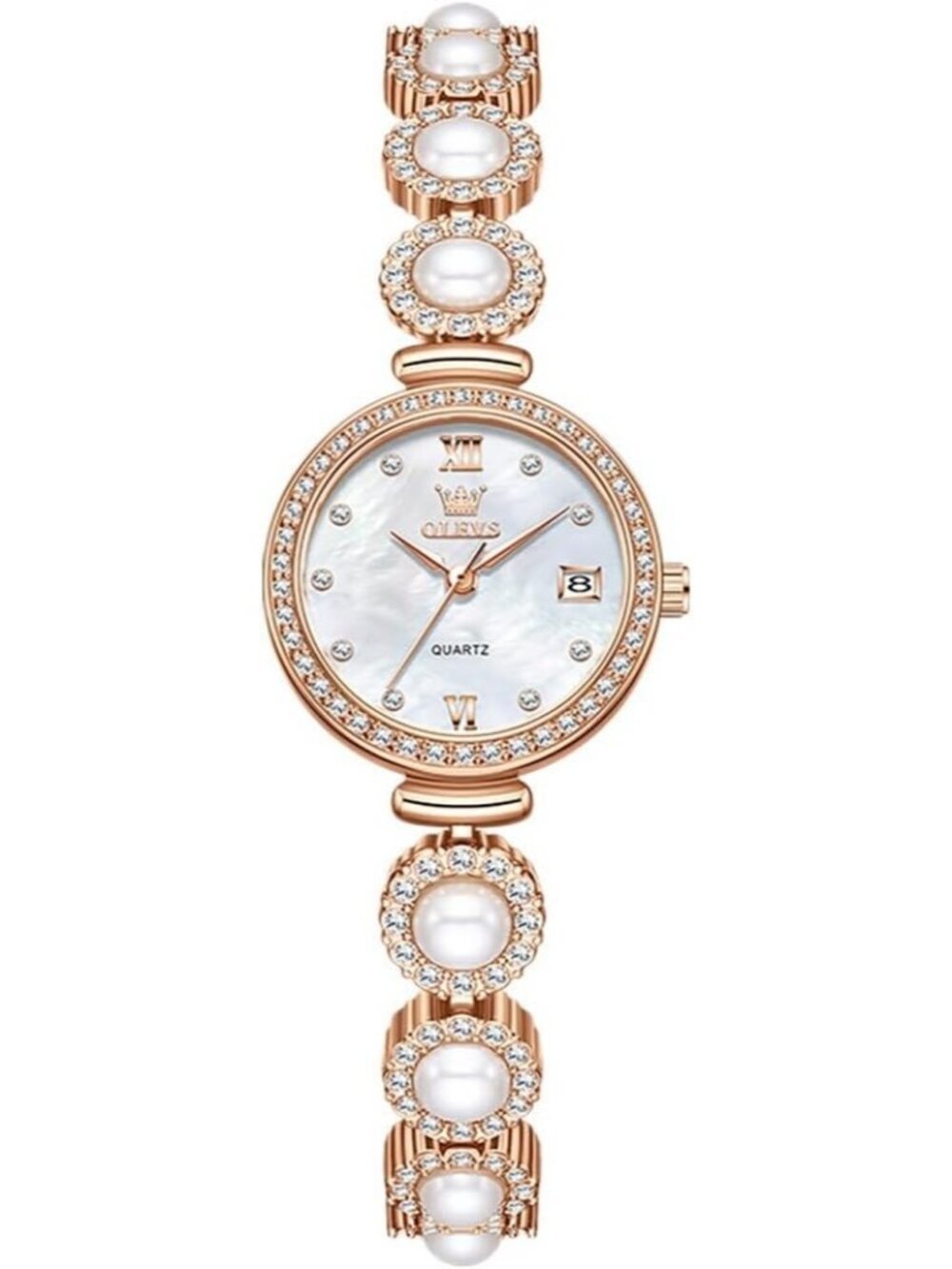 Women's Rose Gold Silver Analog Quartz Diamond Round Dial Pearl Bracelet Watch